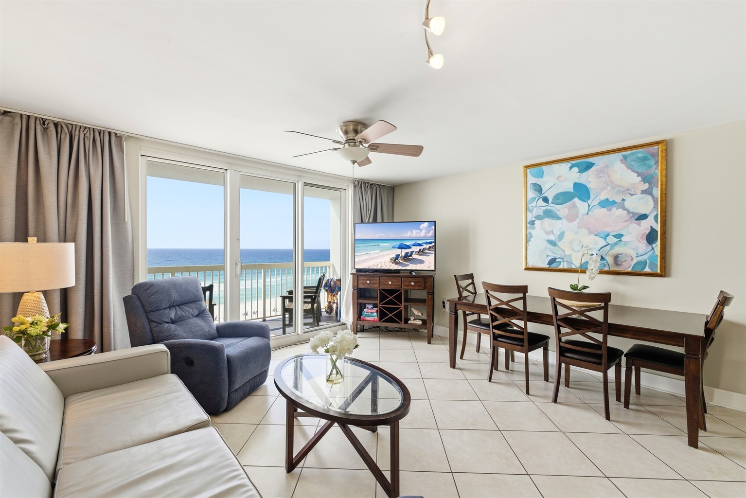 Gulf-facing view and interior of Pelican Beach Resort Unit 707